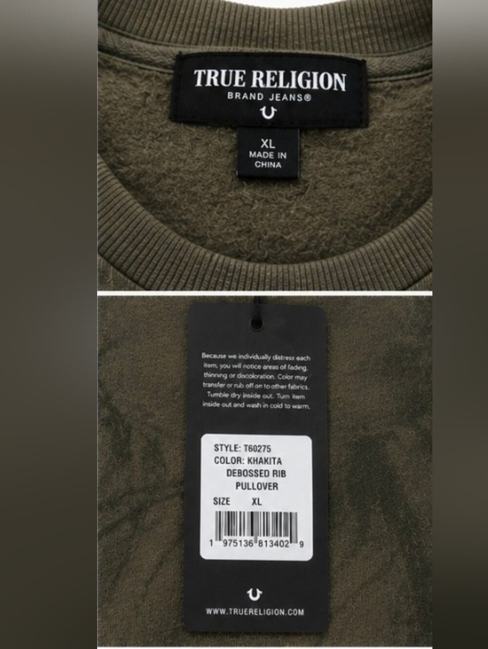 New True Religion Men's Debossed logo raw trim sweatshirt Rib Pullover Green XL - Picture 10 of 10
